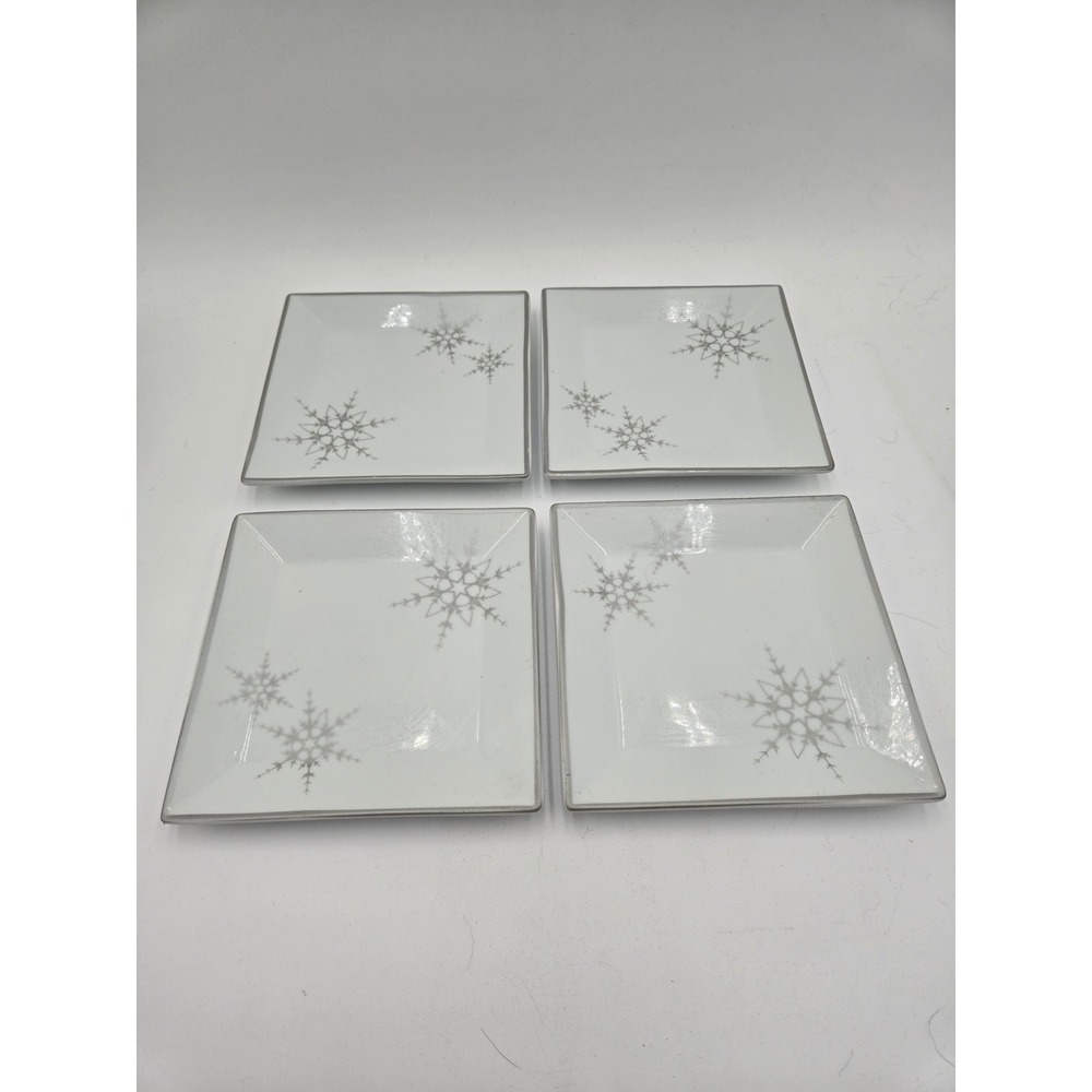 Set of 4 White Silver Tone Snowflake Square Ceramic Appetizer Plates Holiday